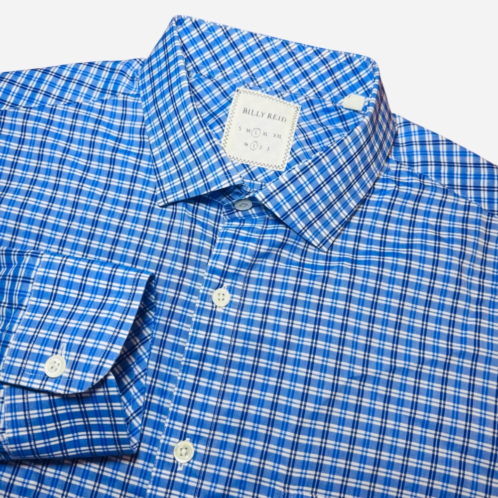 Billy Reid Mens L Blue White Plaid Cotton Button Down Shirt Fit 1 Made in Italy